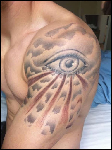 Realistic Clouds With Eye Tattoo On Left Shoulder
