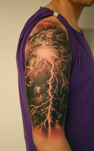 Realistic Clouds With Thunderstorm Tattoo On Right Half Sleeve