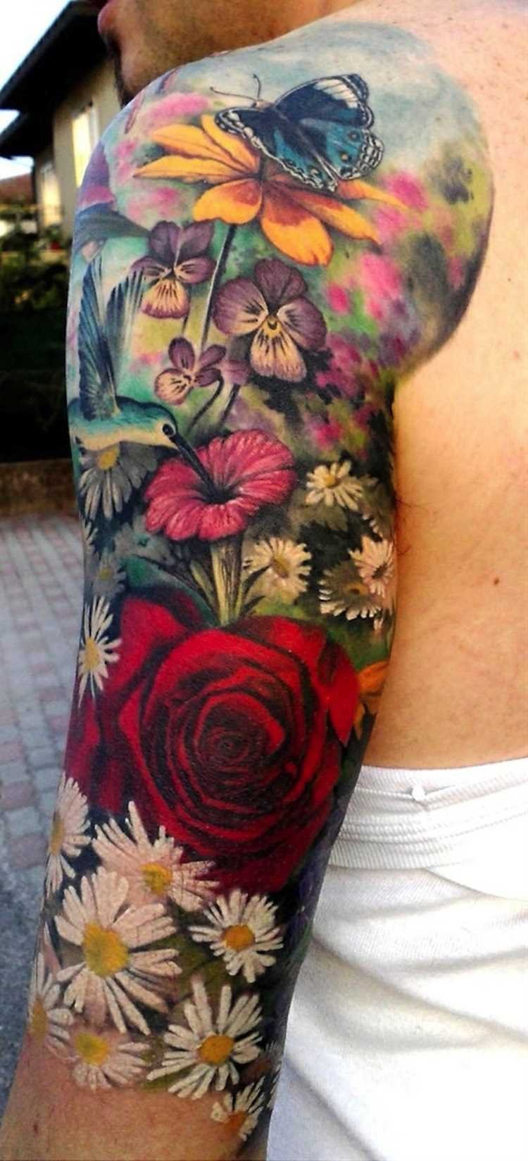 Realistic Colorful Flowers With Butterflies Tattoo Design For Full Sleeve