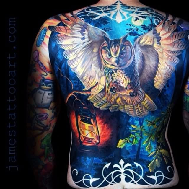 Realistic Flying Owl With Lantern Tattoo On Man Full Back