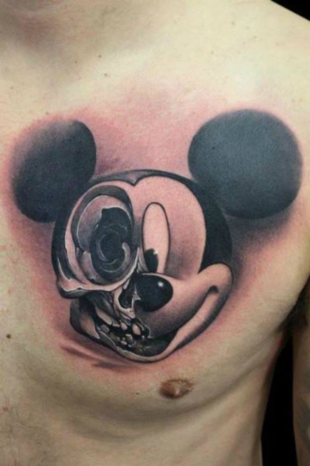 Realistic Grey Ink Mickey Mouse Tattoo On Chest