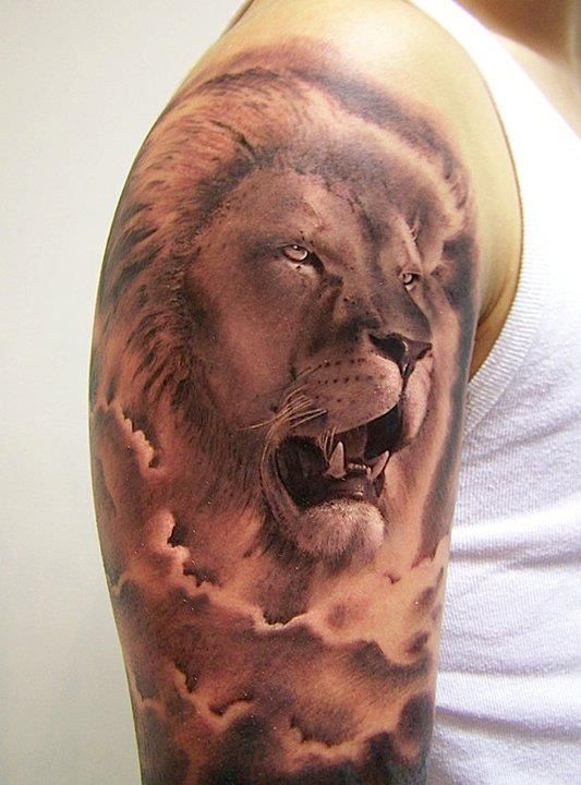 Realistic Lion Head With Clouds Tattoo On Right Shoulder