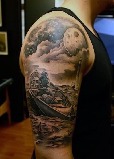 Realistic Man On Boat With Moon And Cloud Tattoo On Right Half Sleeve