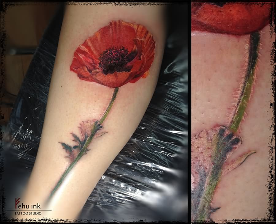 Realistic Poppy Flower Tattoo Design For Leg Calf By Elle Gottzi