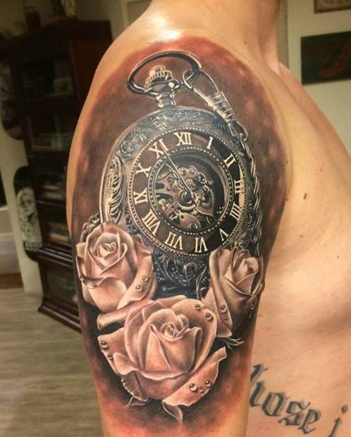 Realistic Rose And Pocket Watch Tattoo On Right Half Sleeve