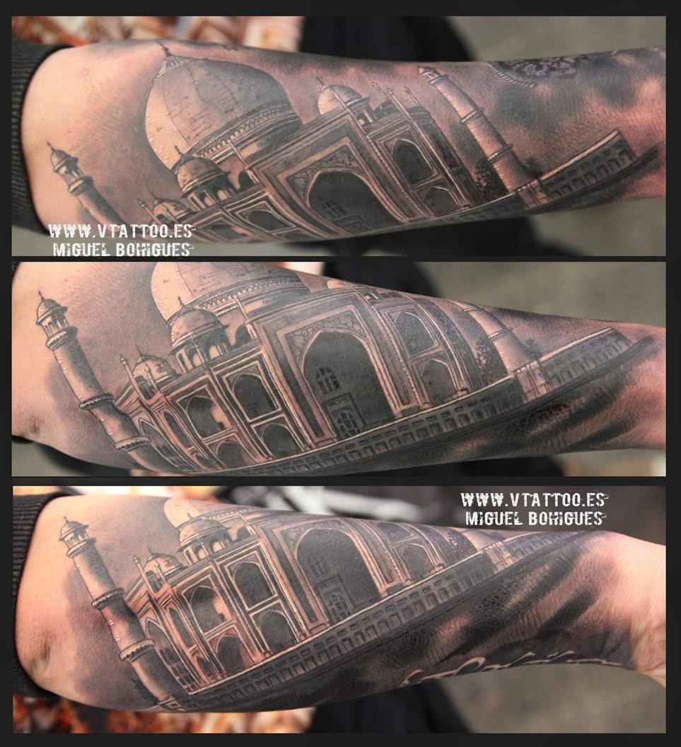 Realistic Taj Mahal Tattoo On Right Arm