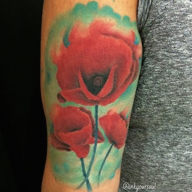 Realistic Watercolor Poppy Flowers Tattoo Design For Sleeve