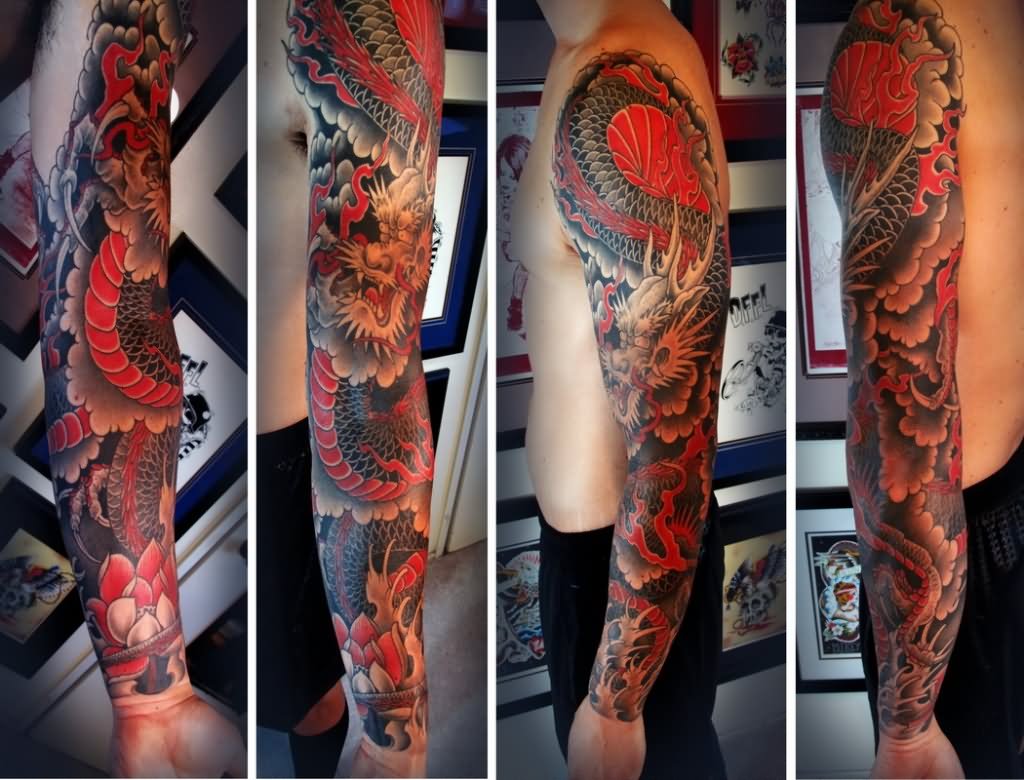 Red And Black Color Dragon Tattoo On Man Left Full Sleeve