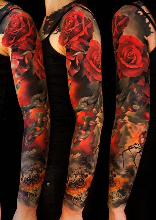 Red Color Roses Tattoo On Left Full Sleeve