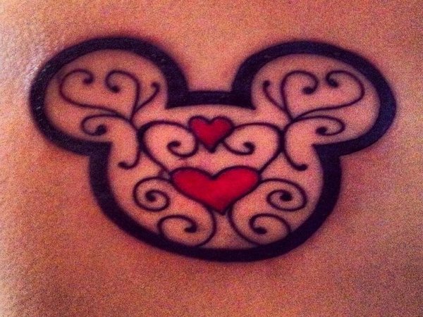 Red Hearts In Outline Mickey Mouse Head Tattoo