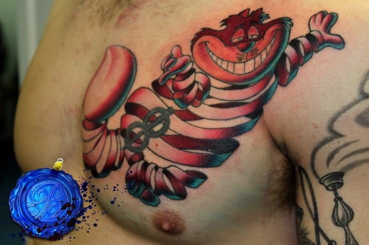 Red Ink Cheshire Cat Tattoo On Man Chest