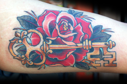 Red Rose And Skeleton Key Tattoo