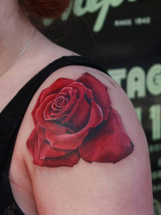 Red Rose Tattoo On Left Shoulder by Anders Grucz