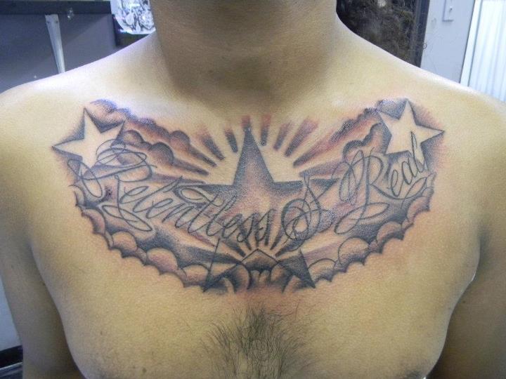 Relentless & Real - Clouds With Stars Tattoo On Man Chest