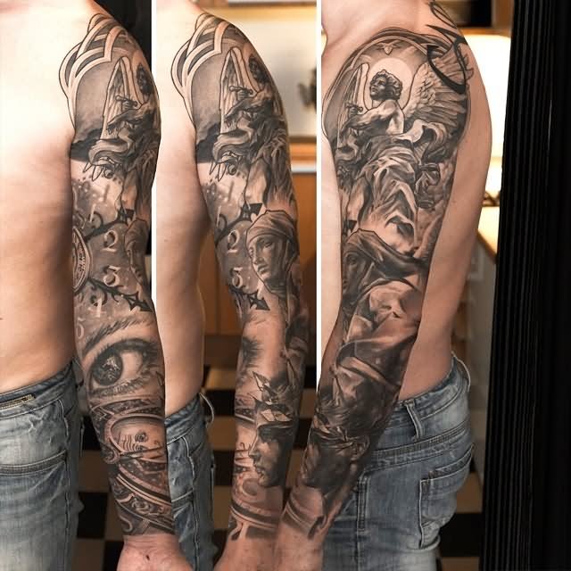 Religious Angel With Clock And Eye Tattoo On Man Full Sleeve