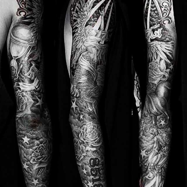 Religious Angel With Hourglass And Flowers Tattoo On Right Full Sleeve