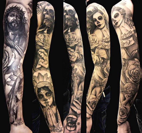 Religious Jesus And Girl Face With Rose Tattoo On Full Sleeve