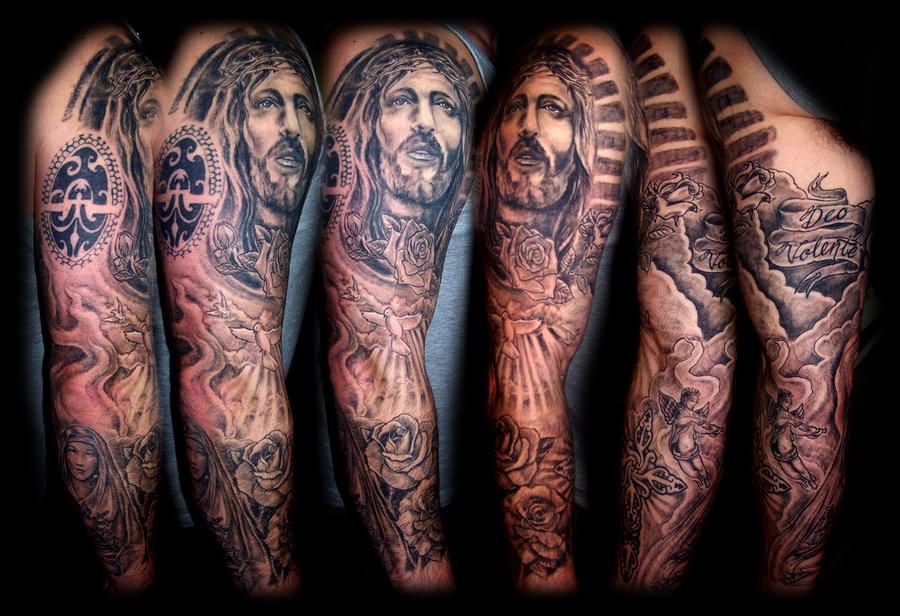 Religious Jesus Face With Roses Tattoo On Full Sleeve