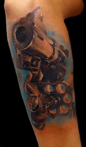 Revolver Tattoo On Leg by Sergei