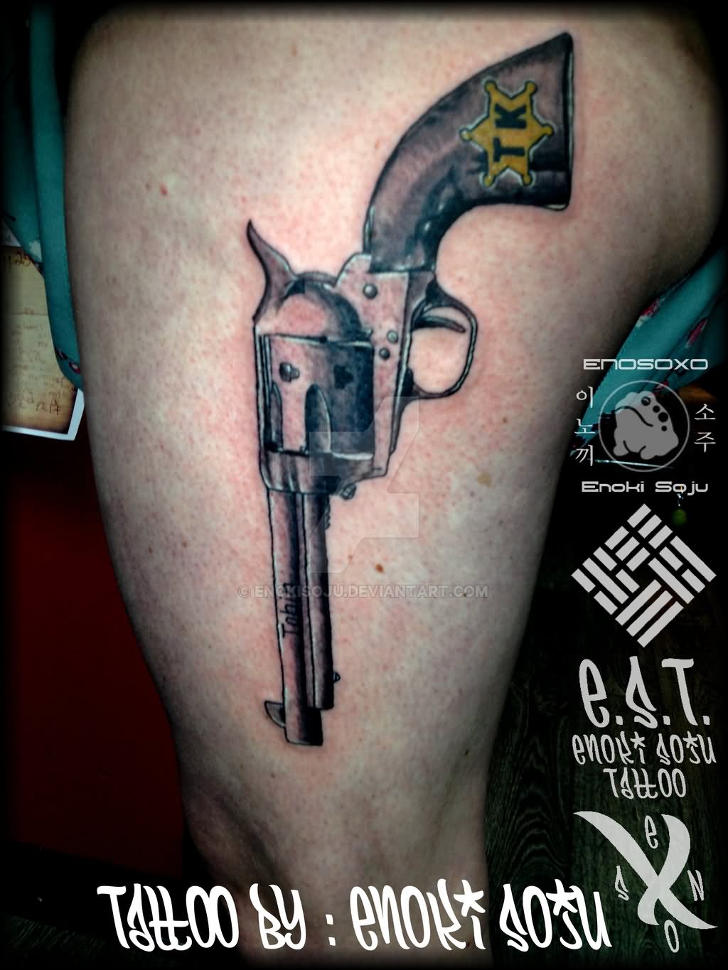Revolver Tattoo On Side Thigh by Enoki Soju