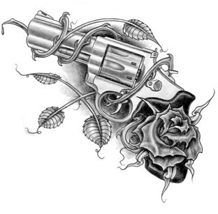 Revolver With Rose Tattoo Design