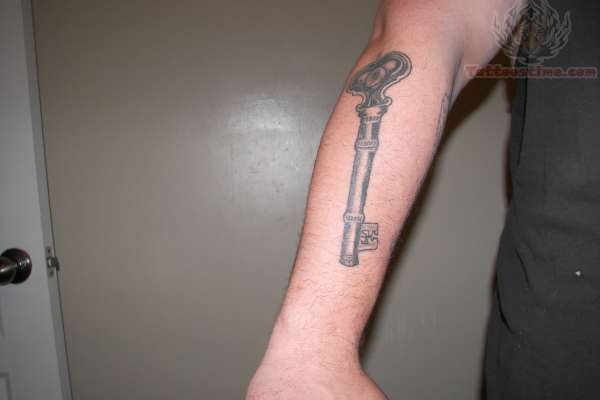 Right Arm Grey Ink Skeleton Key Tattoo