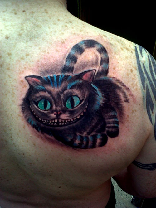 Right Back Shoulder Colored Cheshire Cat Tattoo