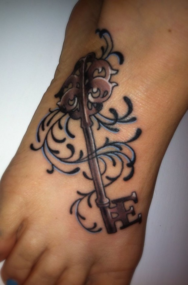 Right Foot Grey Ink Skeleton Key Tattoo