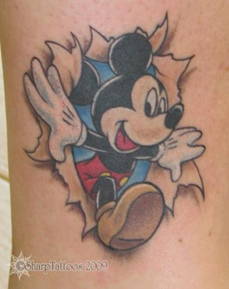 Ripped Skin Colored Mickey Mouse Tattoo