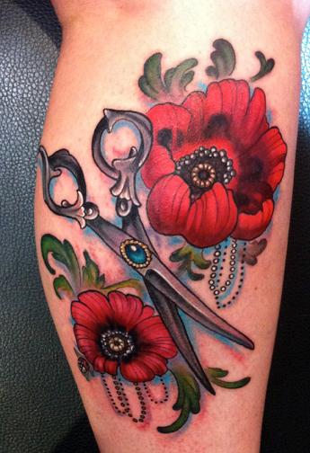 Scissor With Poppy Flowers Tattoo Design For Leg Calf