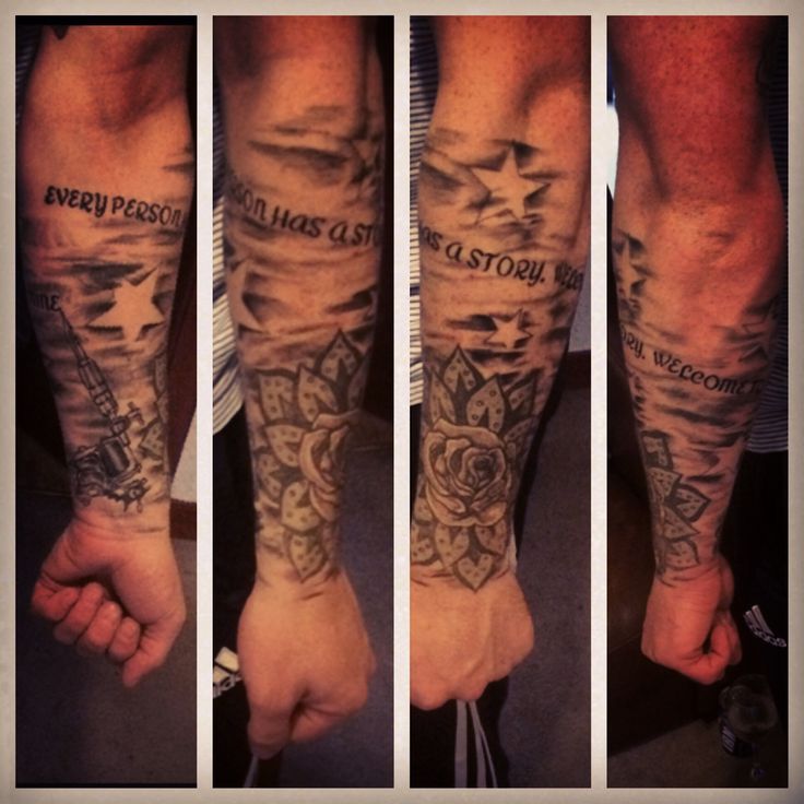 Shading Clouds With Stars And Flower Tattoo On Forearm
