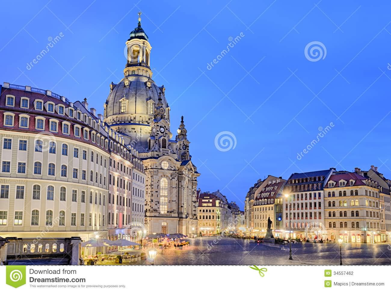 Side View Of The Frauenkirche Dresden And Neumarket In Dresden At Dusk
