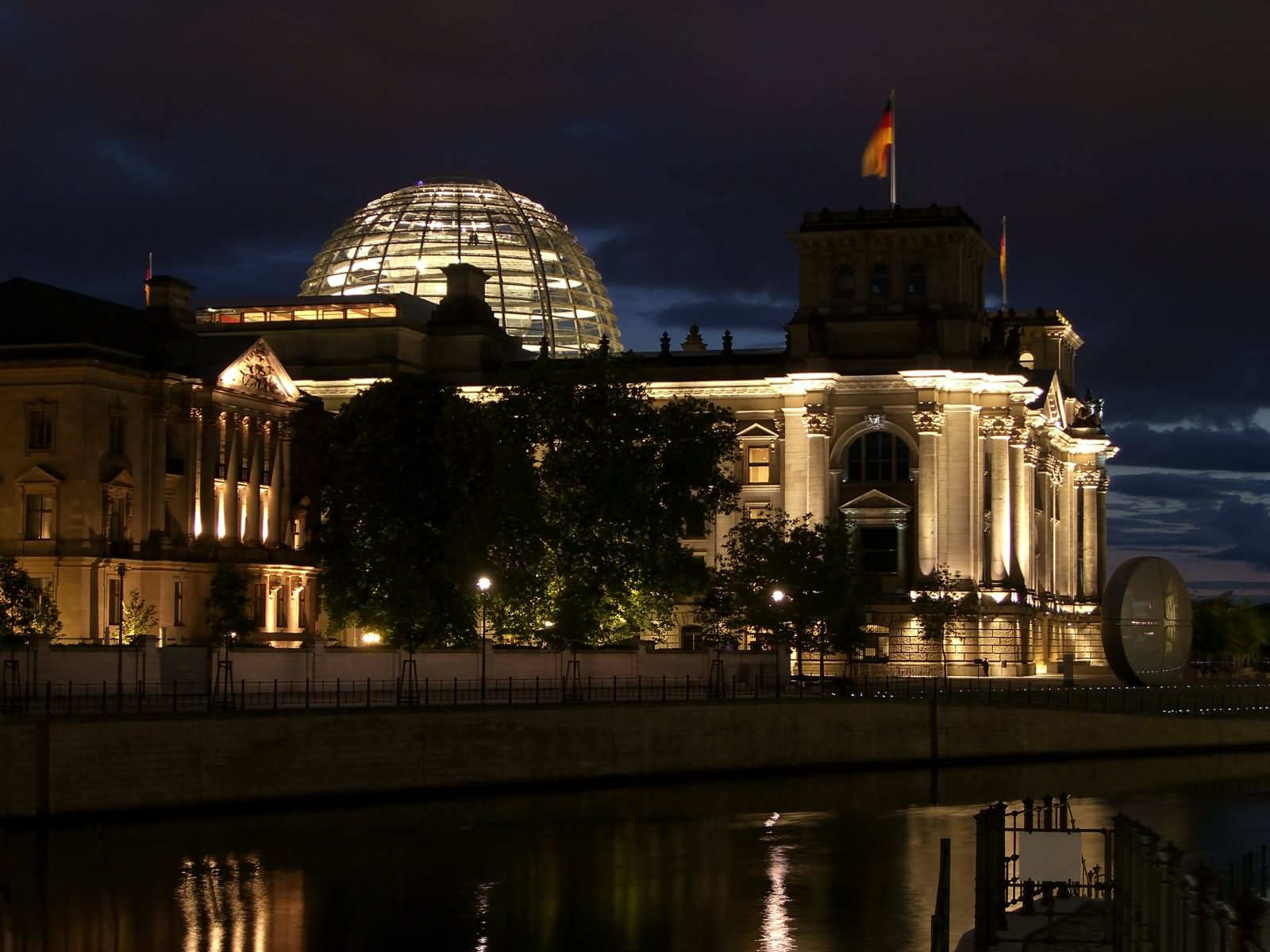 Side View Of The Reichstag Building And Dome At Night