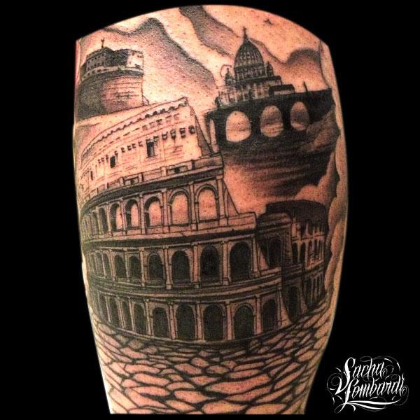 Simple Black Ink Colosseum Tattoo Design For Sleeve