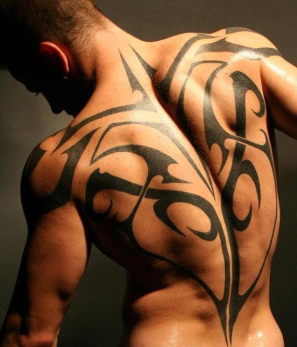 Simple Black Tribal Design Tattoo On Man Full Back