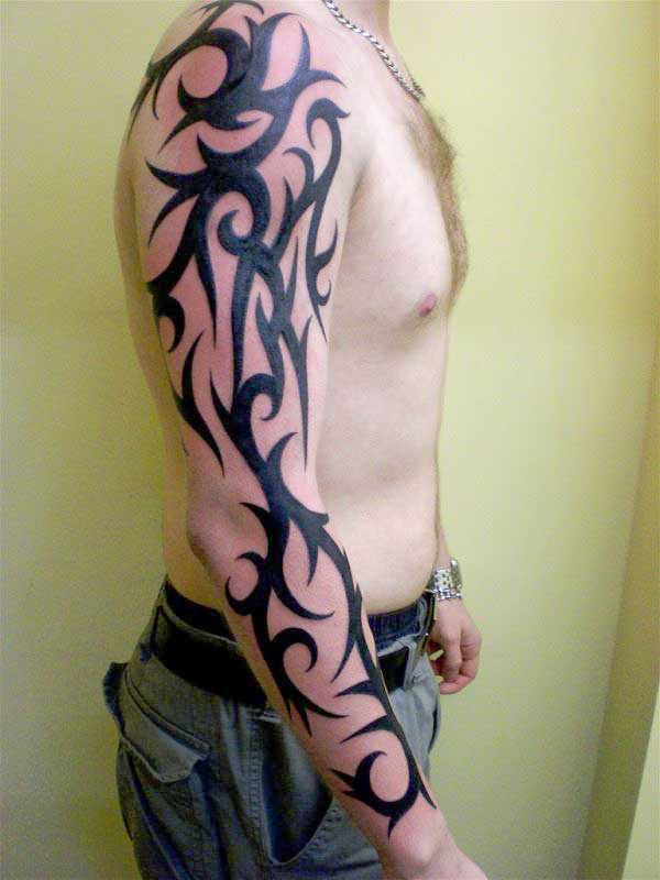 Simple Black Tribal Design Tattoo On Man Right Full Sleeve