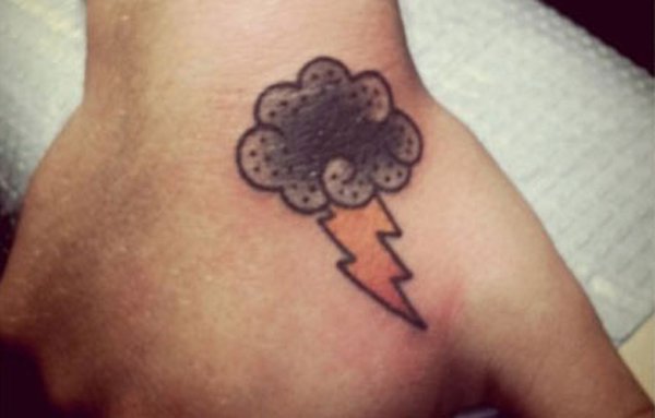 Simple Cloud With Thunder Bolt Tattoo On Hand