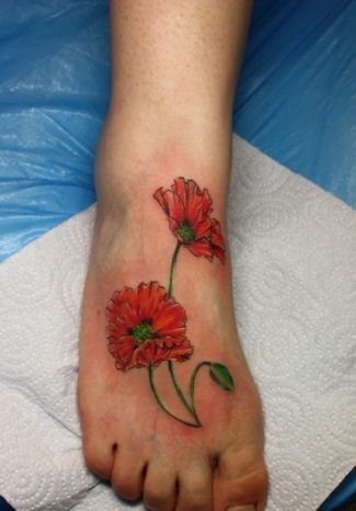 Simple Cool Poppy Flowers Tattoo On Right Foot