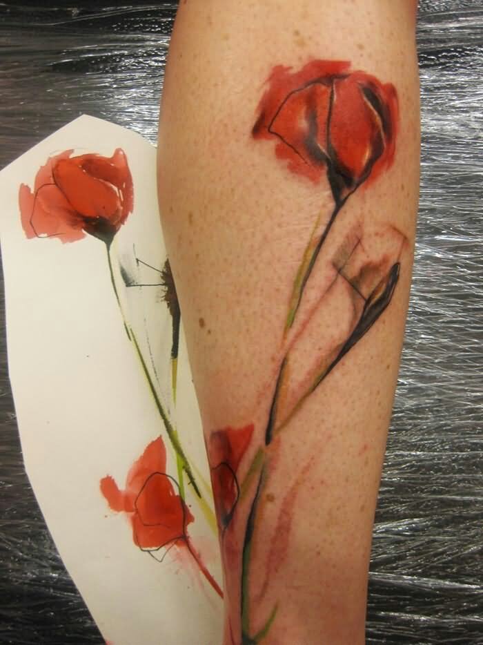 Simple Watercolor Poppy Flowers Tattoo Design For Leg