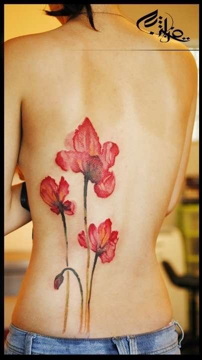 Simple Watercolor Poppy Flowers Tattoo On Girl Full Back