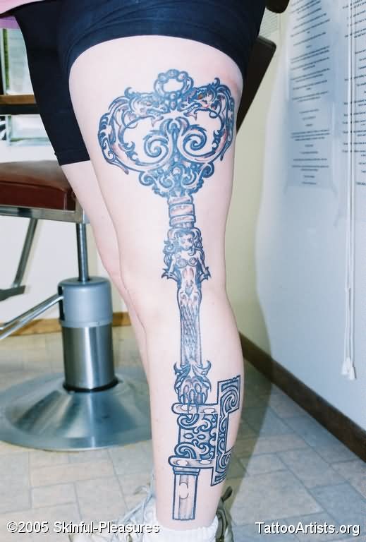 Skeleton Key Tattoo On Full Leg Sleeve