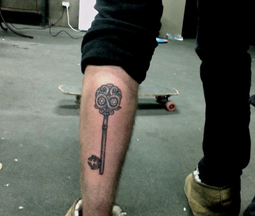 Skeleton Key Tattoo On Leg Calf