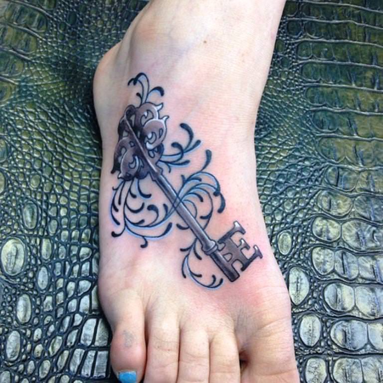 Skeleton Lock Key Tattoo On Right Foot