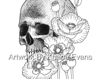 Skull With Opium Poppy Flowers Tattoo Design