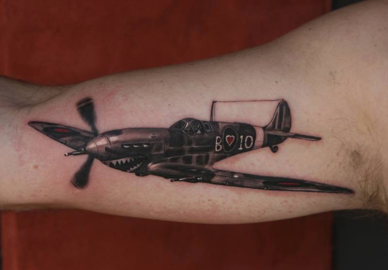 Spitfire Tattoo On Inner Bicep by Anders Grucz