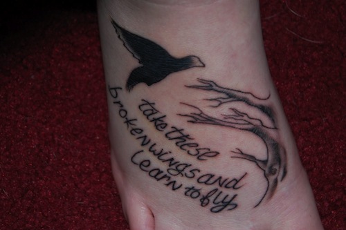 Take These Broken Wings And Learn To Fly Beatles Lyrics Tattoo On Foot