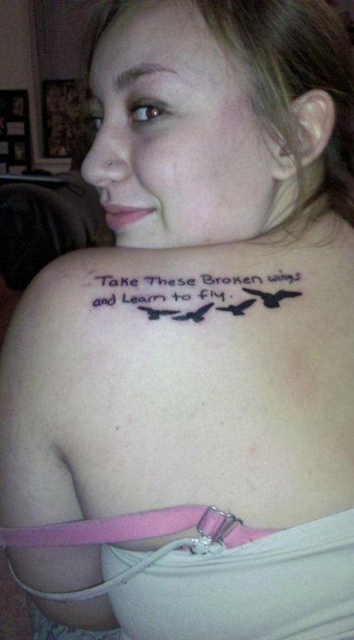 Take These Broken Wings And Learn To Fly Beatles Lyrics With Flying Birds Tattoo On Left Back Shoulder