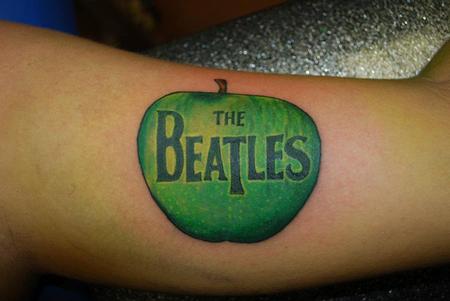 The Beatles Lettering In Green Apple Tattoo Design For Half Sleeve