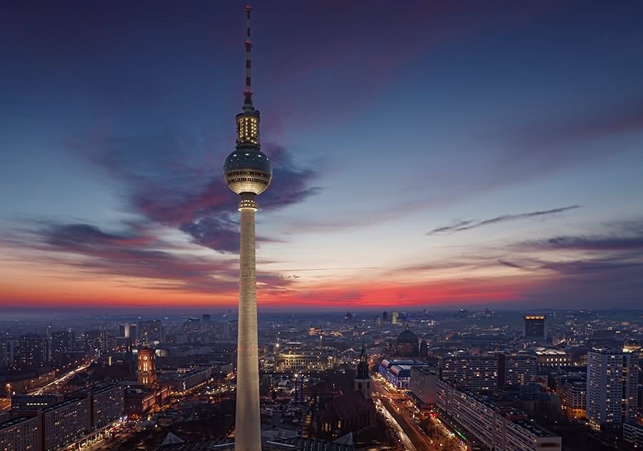 The Fernsehturm Berlin Tv Tower During Twilight