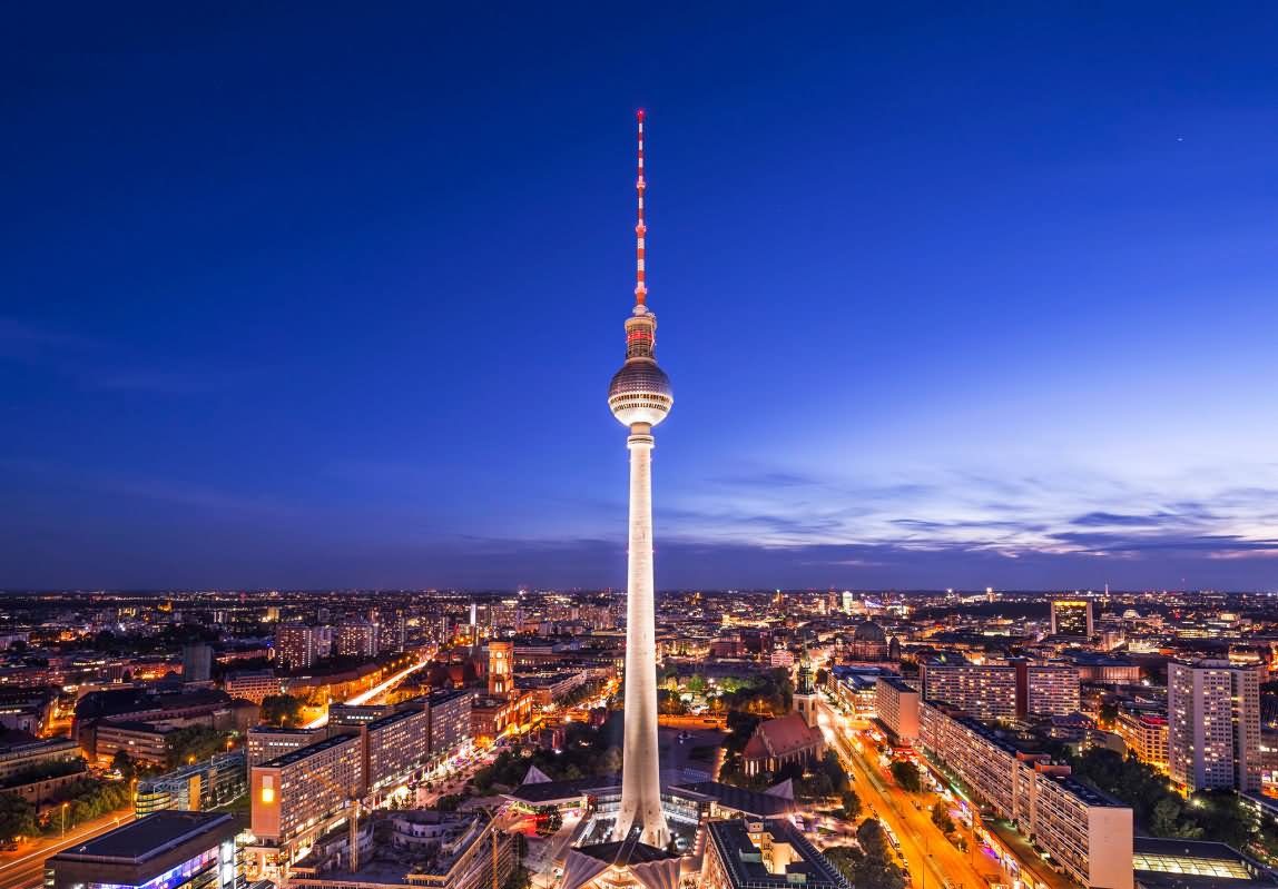 The Fernsehturm Tower In Alexanderplatz, Berlin At Night